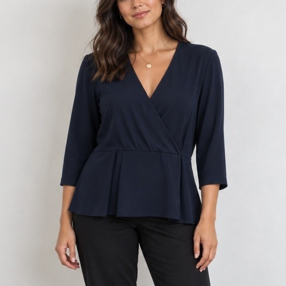 MM.LaFleur Navy Faux Wrap V-Neck Pleated Peplum Blouse Office Business | Size XL
